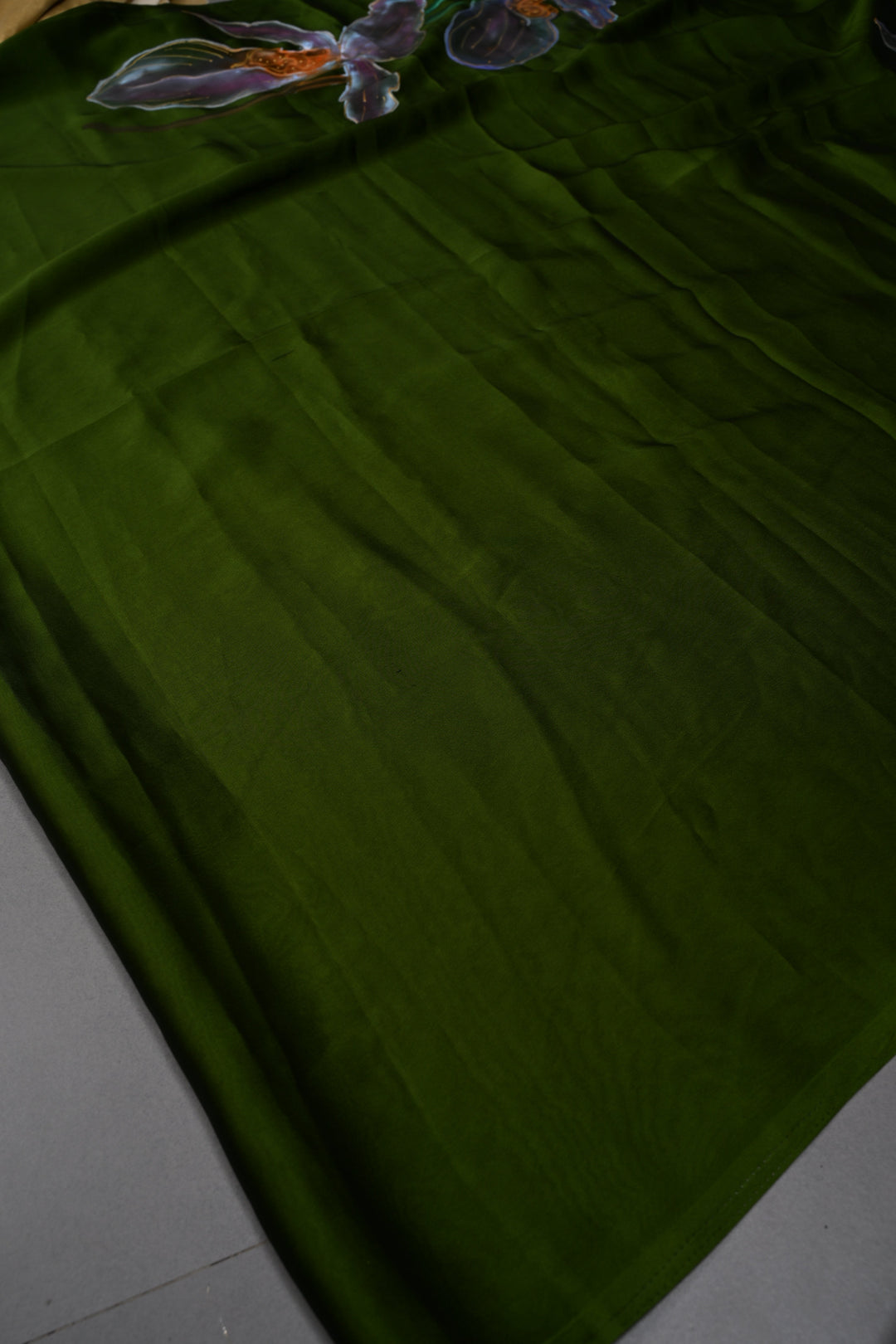 Mehendi Green Floral Handpainting on Shimmer Georgette Saree, No Blouse Piece | SHOBITAM