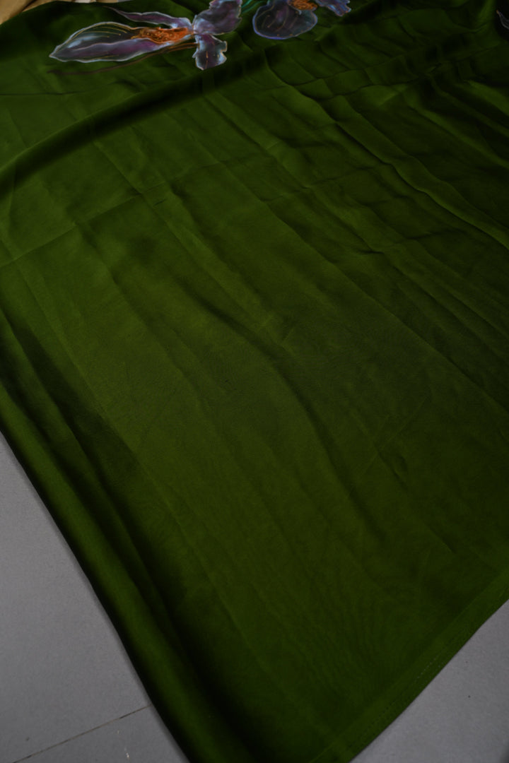 Mehendi Green Floral Handpainting on Shimmer Georgette Saree, No Blouse Piece | SHOBITAM