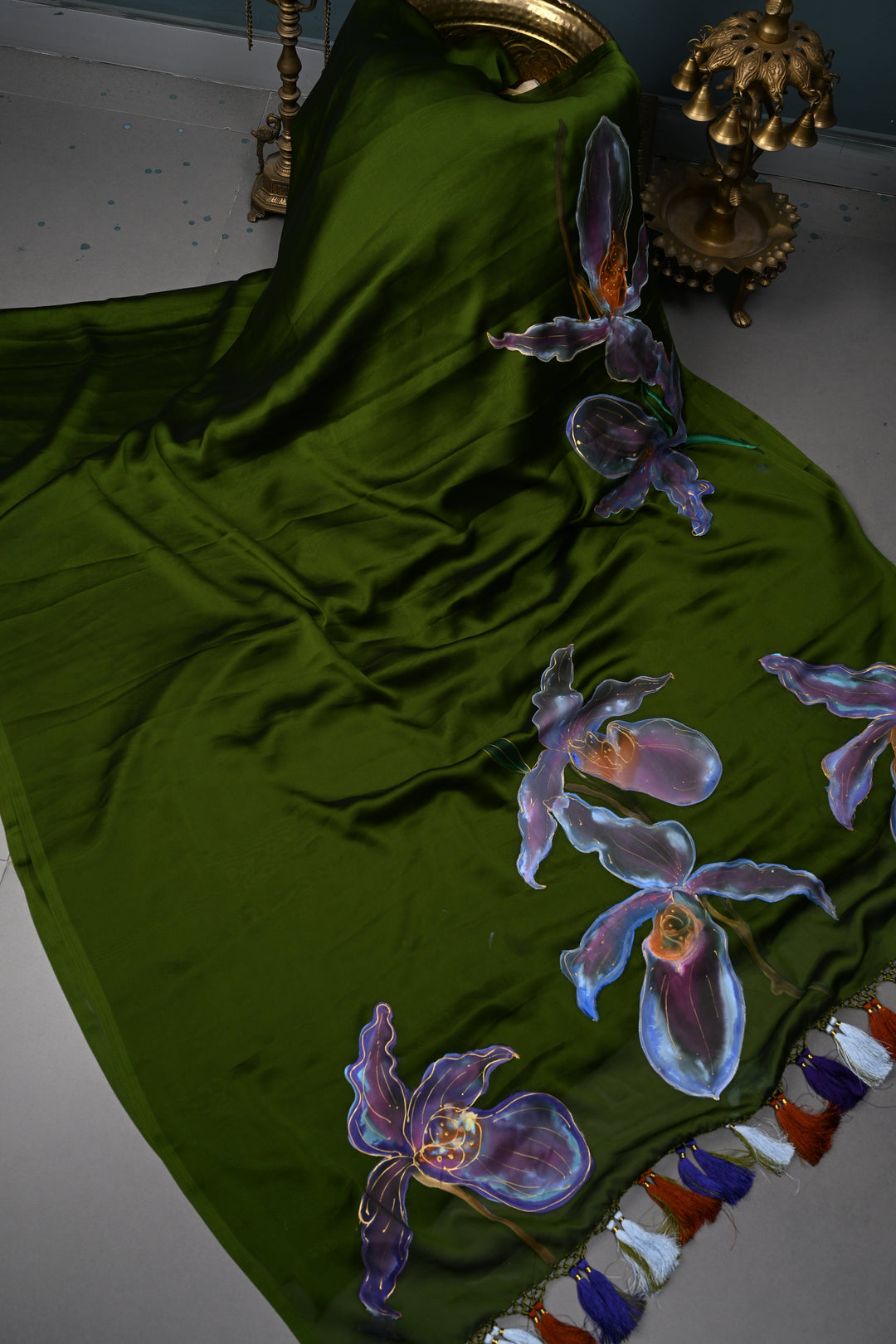Mehendi Green Floral Handpainting on Shimmer Georgette Saree, No Blouse Piece | SHOBITAM