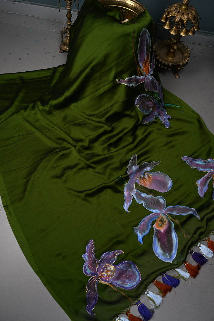 Mehendi Green Floral Handpainting on Shimmer Georgette Saree, No Blouse Piece | SHOBITAM
