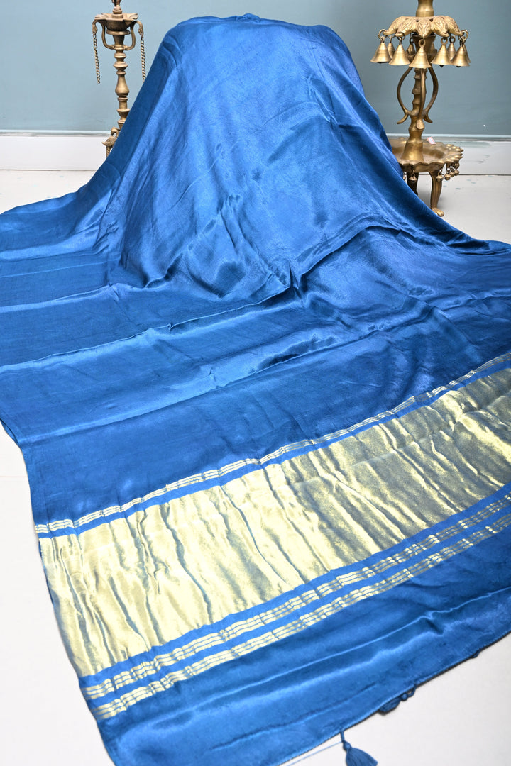 // color correction// Peacock Blue Borderless Modal Silk Saree with Lagda Patta Crushed Pallu | SHOBITAM