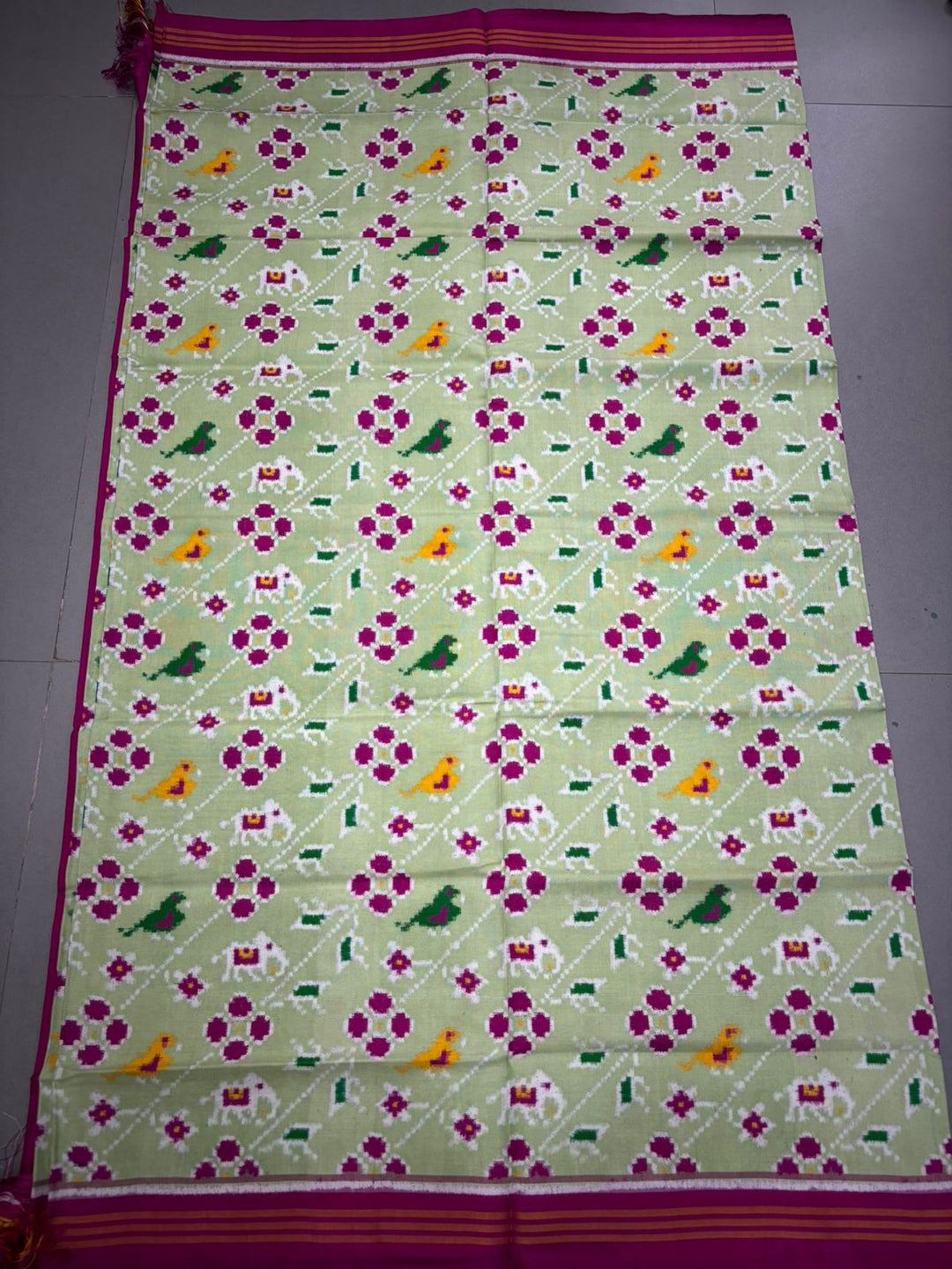 Authentic Double Ikkat Patan Patola Pure Silk Handwoven Patli Pallu Saree in Light Pista Green with Leheria Design and Pink Border | SILK MARK CERTIFIED | SHOBITAM