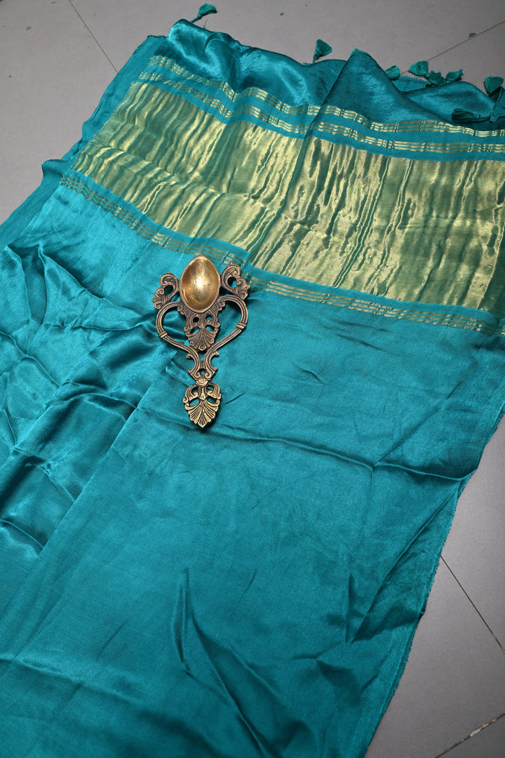 Teal Green Borderless Modal Silk Saree with Lagda Patta Crushed Pallu | SHOBITAM