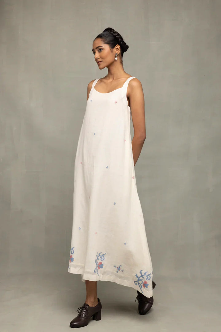 Cream Bela Buta Pure Cotton Jamdani Dress | SHOBITAM