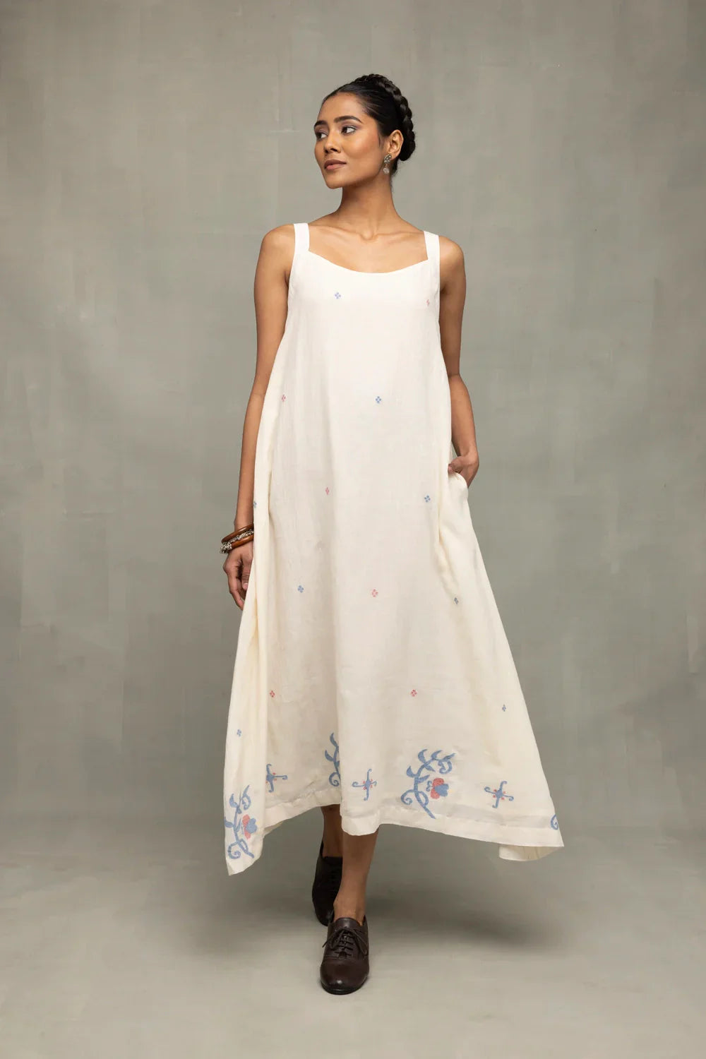 Cream Bela Buta Pure Cotton Jamdani Dress | SHOBITAM