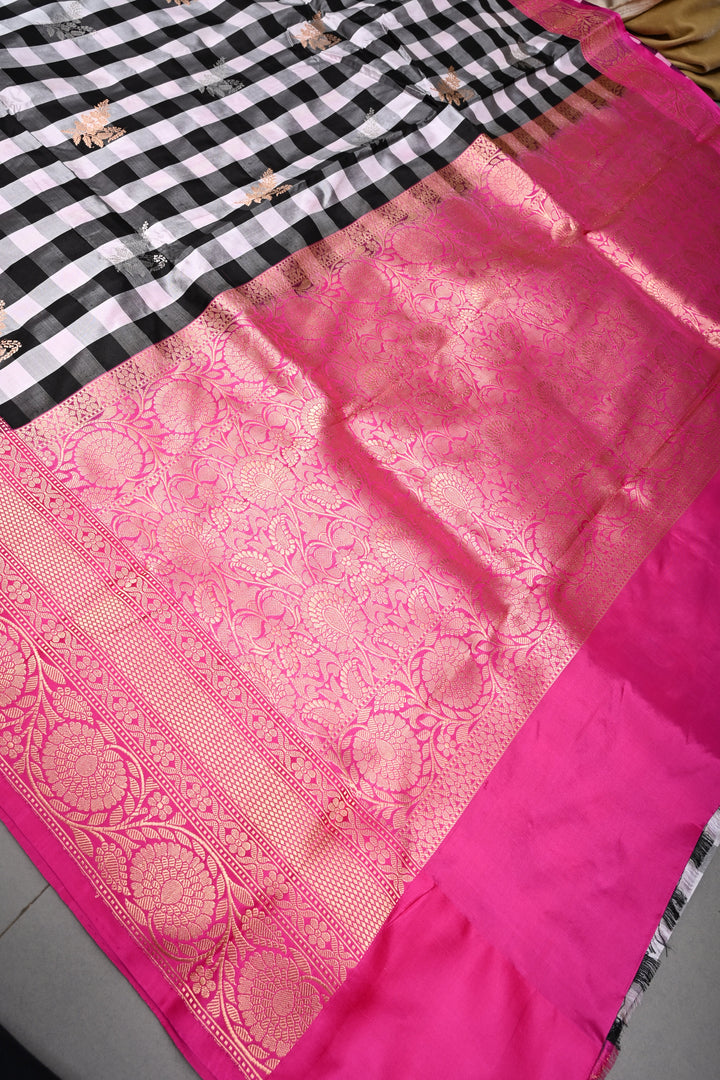 Balck-White Checks Pattern on Pure Katan Silk Banarasi Saree with Sona Rupa Zari Buttas and Contrast Zari Border  | SILK MARK CERTIFIED | SHOBITAM