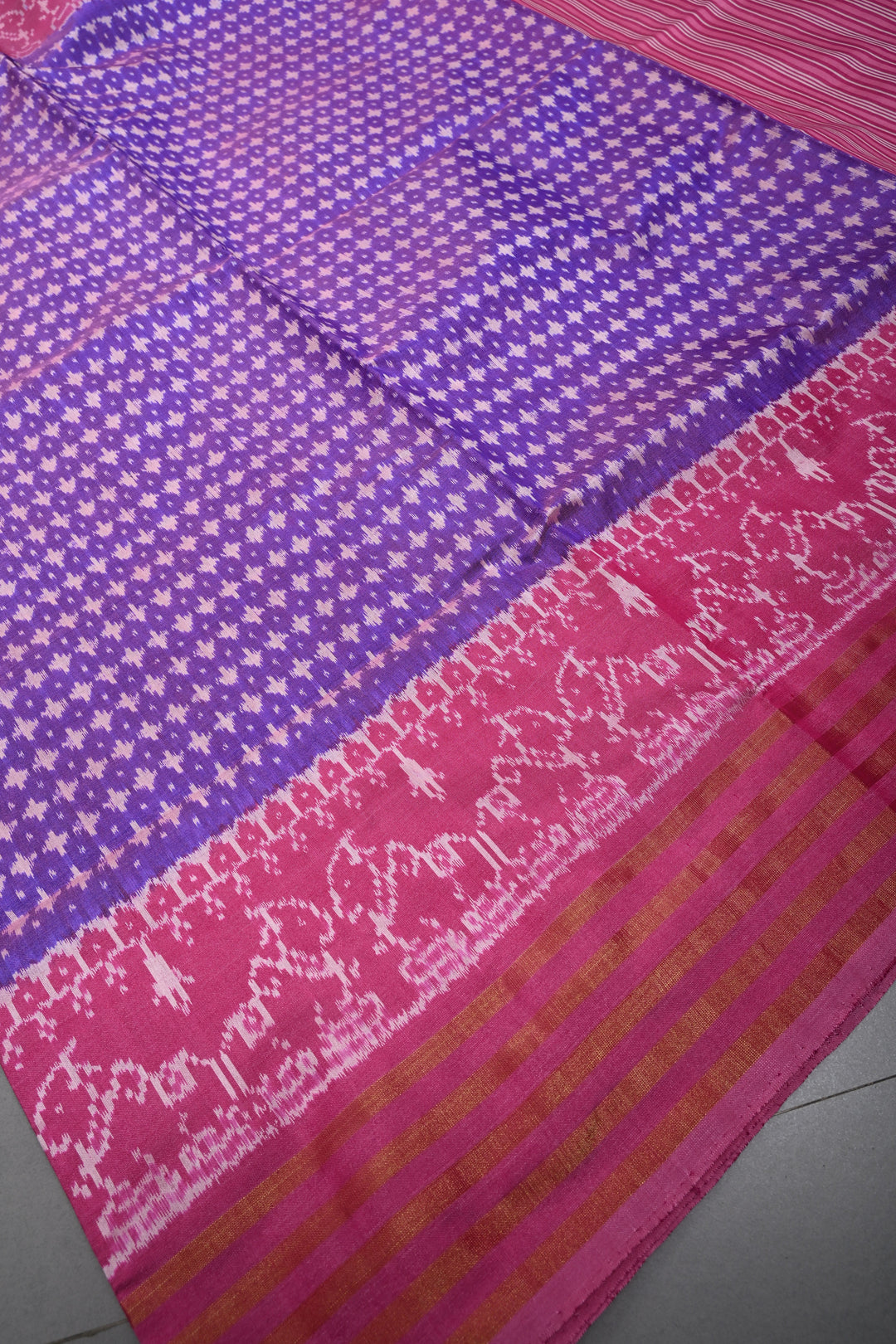 Purple Dual Tone Pochampally Ikkat Pure Silk Saree with Brocade and Panel Design on Tissue Stripes Border | SILK MARK CERTIFIED | SHOBITAM