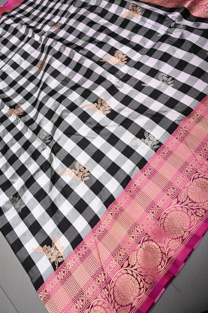 Balck-White Checks Pattern on Pure Katan Silk Banarasi Saree with Sona Rupa Zari Buttas and Contrast Zari Border  | SILK MARK CERTIFIED | SHOBITAM