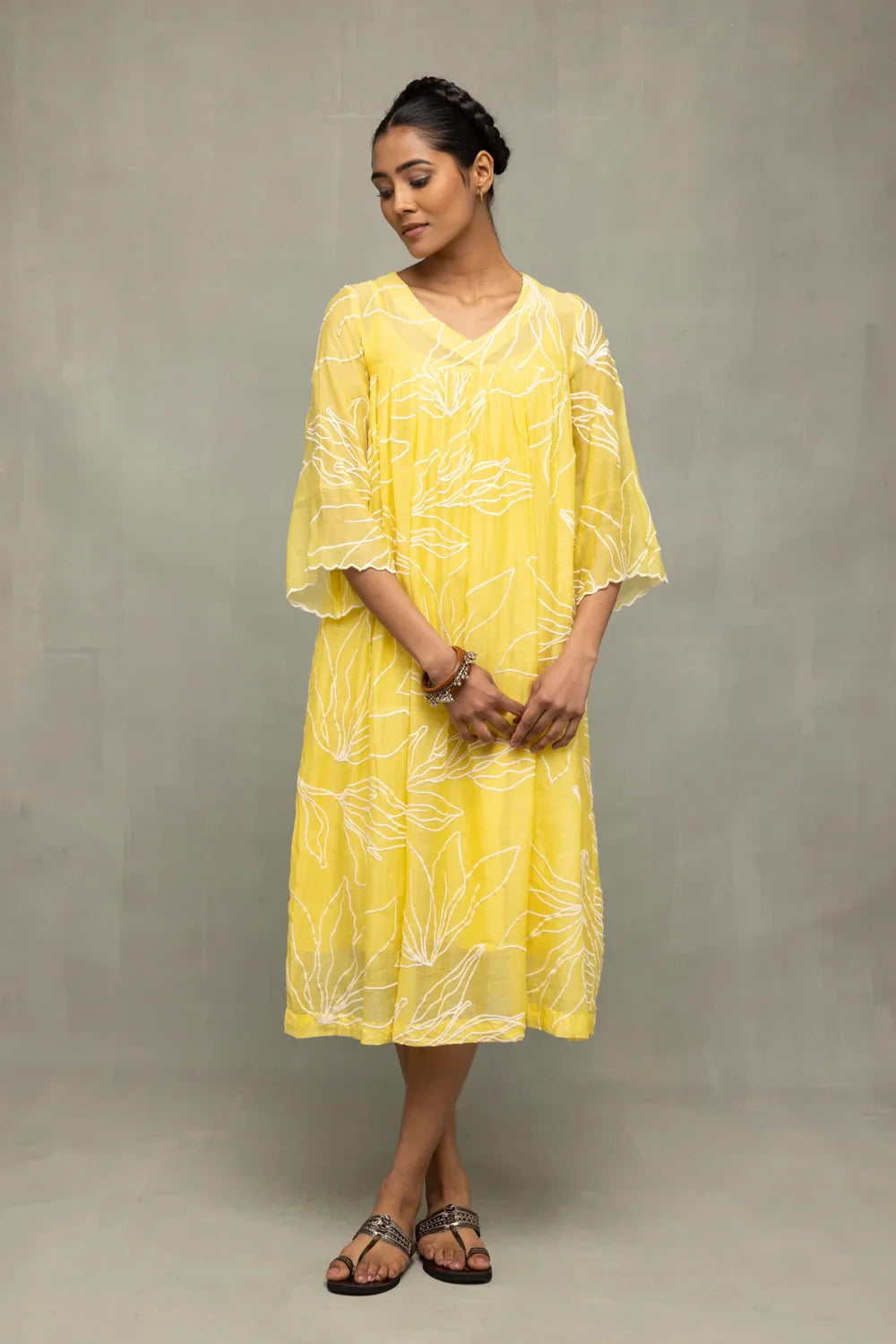 Lemon Light Mul Chanderi Embriodered Dress | SHOBITAM