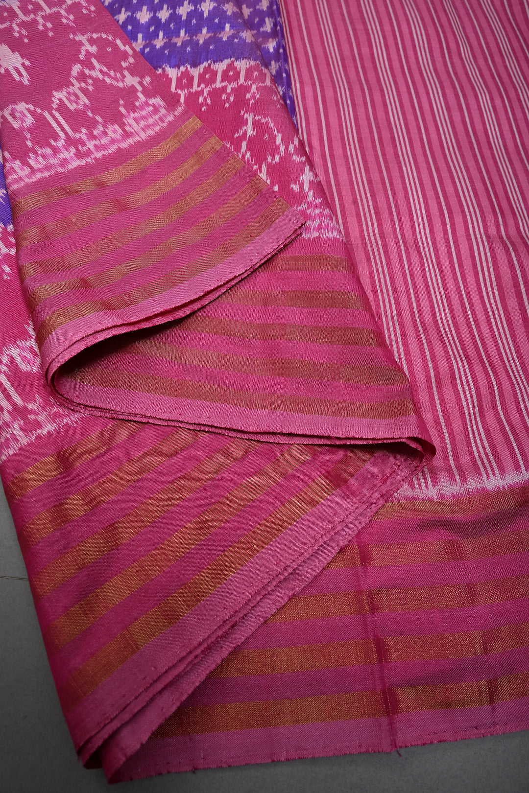 Purple Dual Tone Pochampally Ikkat Pure Silk Saree with Brocade and Panel Design on Tissue Stripes Border | SILK MARK CERTIFIED | SHOBITAM
