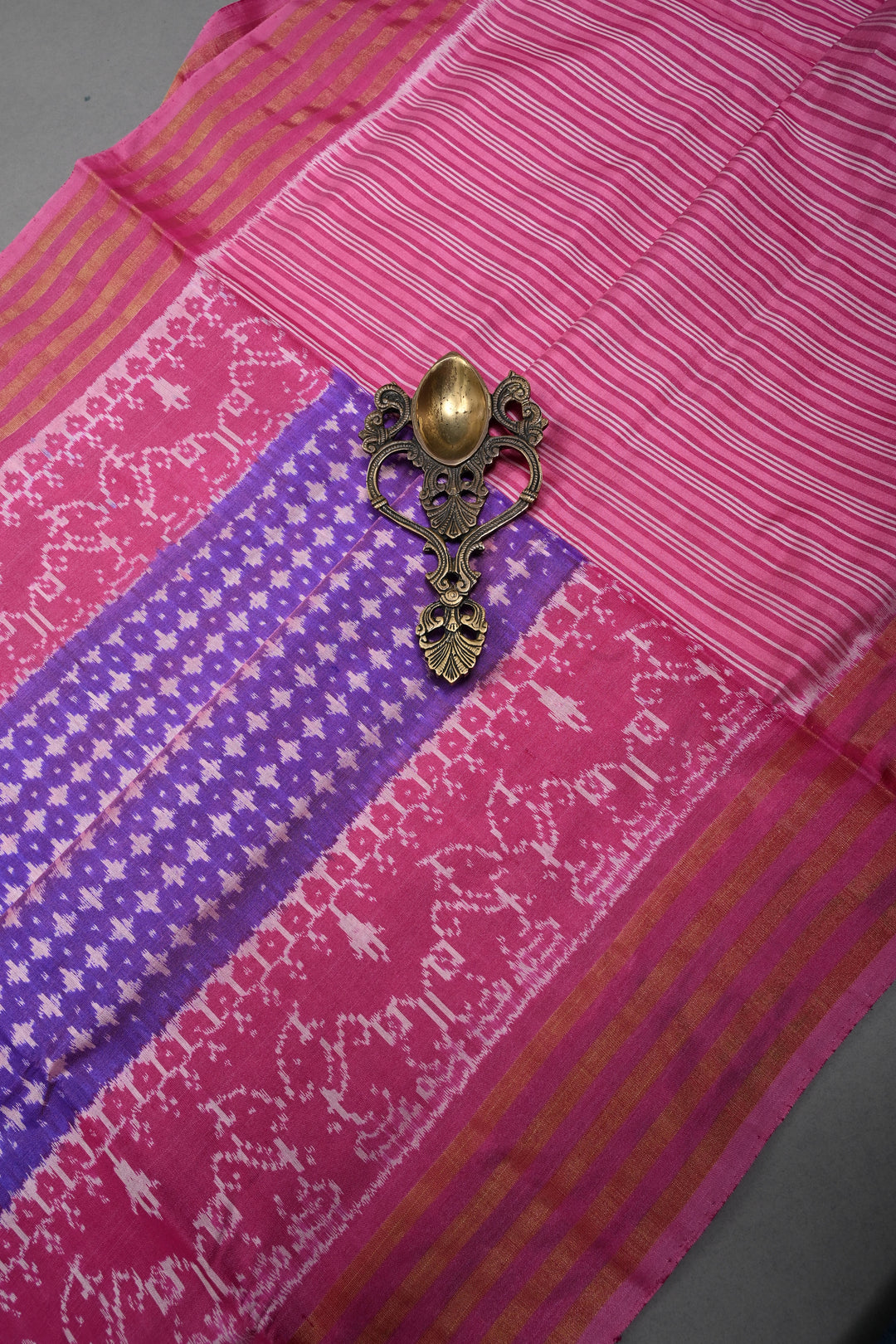 Purple Dual Tone Pochampally Ikkat Pure Silk Saree with Brocade and Panel Design on Tissue Stripes Border | SILK MARK CERTIFIED | SHOBITAM