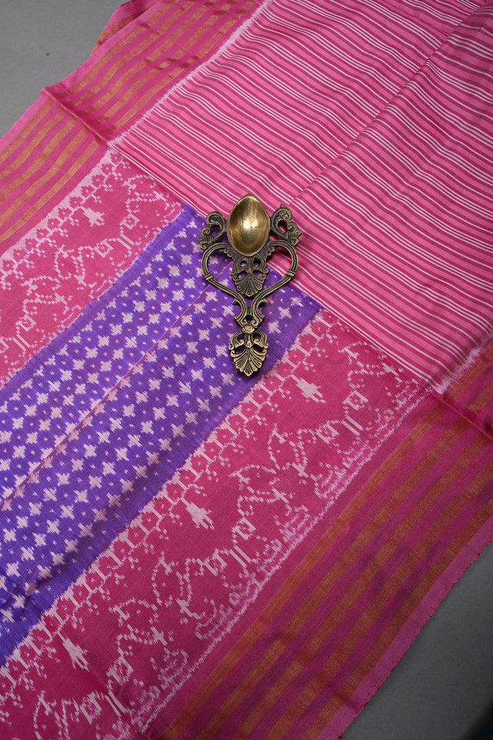 Purple Dual Tone Pochampally Ikkat Pure Silk Saree with Brocade and Panel Design on Tissue Stripes Border | SILK MARK CERTIFIED | SHOBITAM