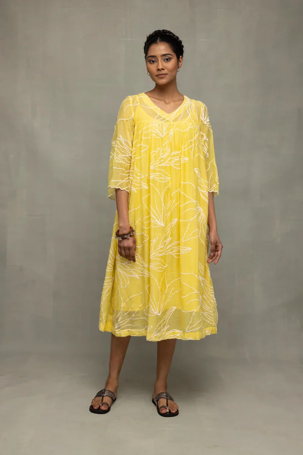 Lemon Light Mul Chanderi Embriodered Dress | SHOBITAM