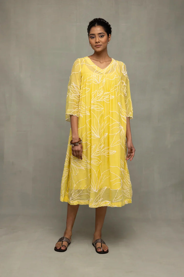 Lemon Light Mul Chanderi Embriodered Dress | SHOBITAM