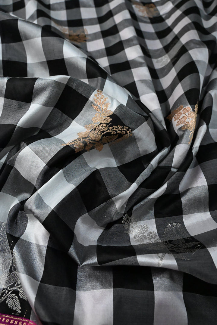 Balck-White Checks Pattern on Pure Katan Silk Banarasi Saree with Sona Rupa Zari Buttas and Contrast Zari Border  | SILK MARK CERTIFIED | SHOBITAM