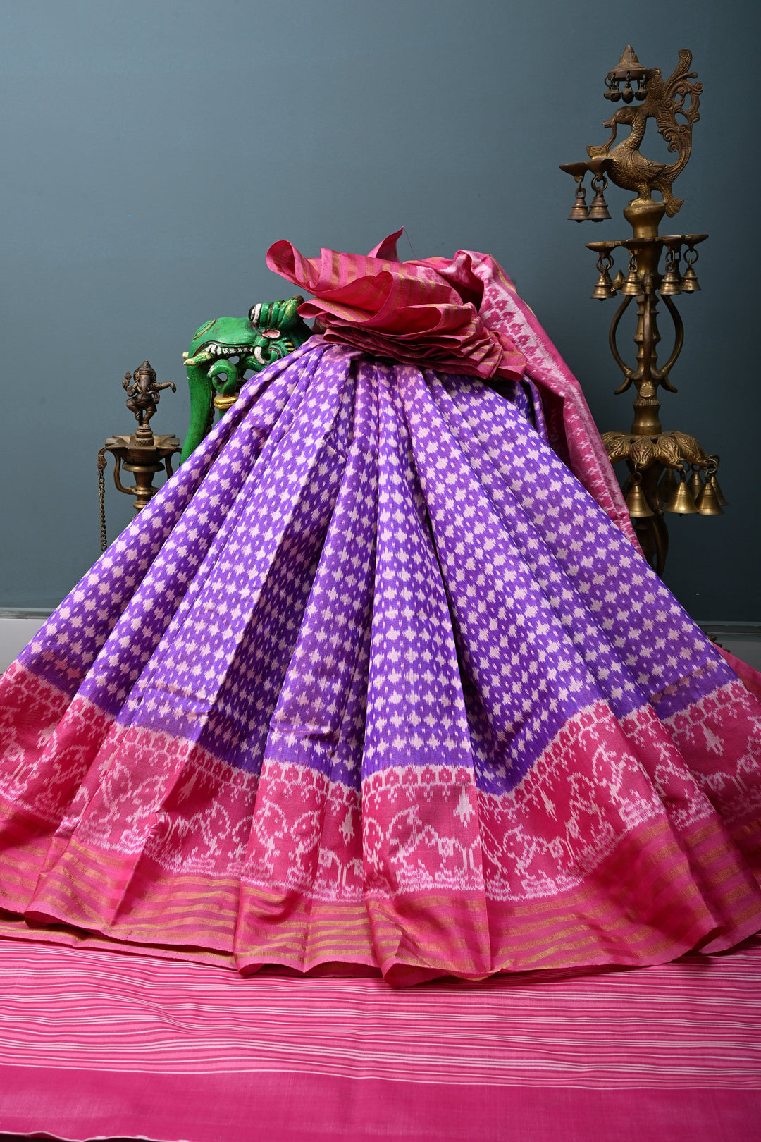 Purple Dual Tone Pochampally Ikkat Pure Silk Saree with Brocade and Panel Design on Tissue Stripes Border | SILK MARK CERTIFIED | SHOBITAM