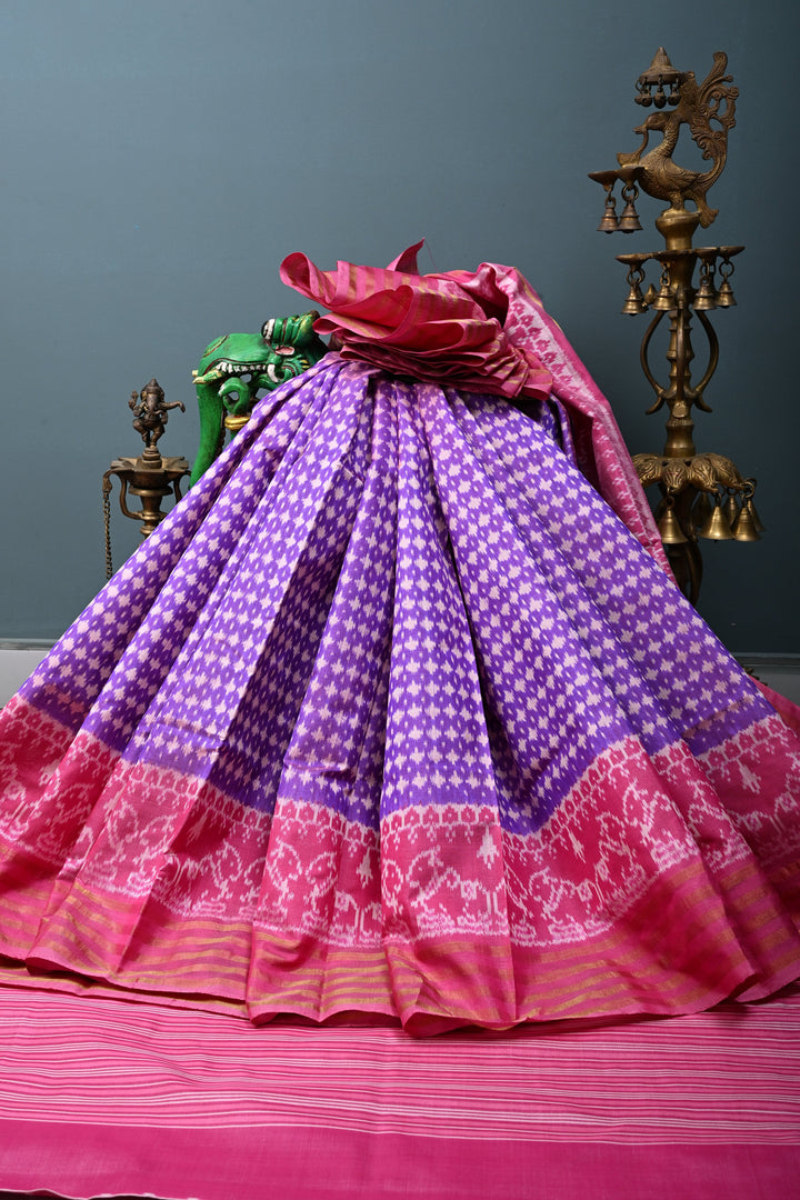 Purple Dual Tone Pochampally Ikkat Pure Silk Saree with Brocade and Panel Design on Tissue Stripes Border | SILK MARK CERTIFIED | SHOBITAM