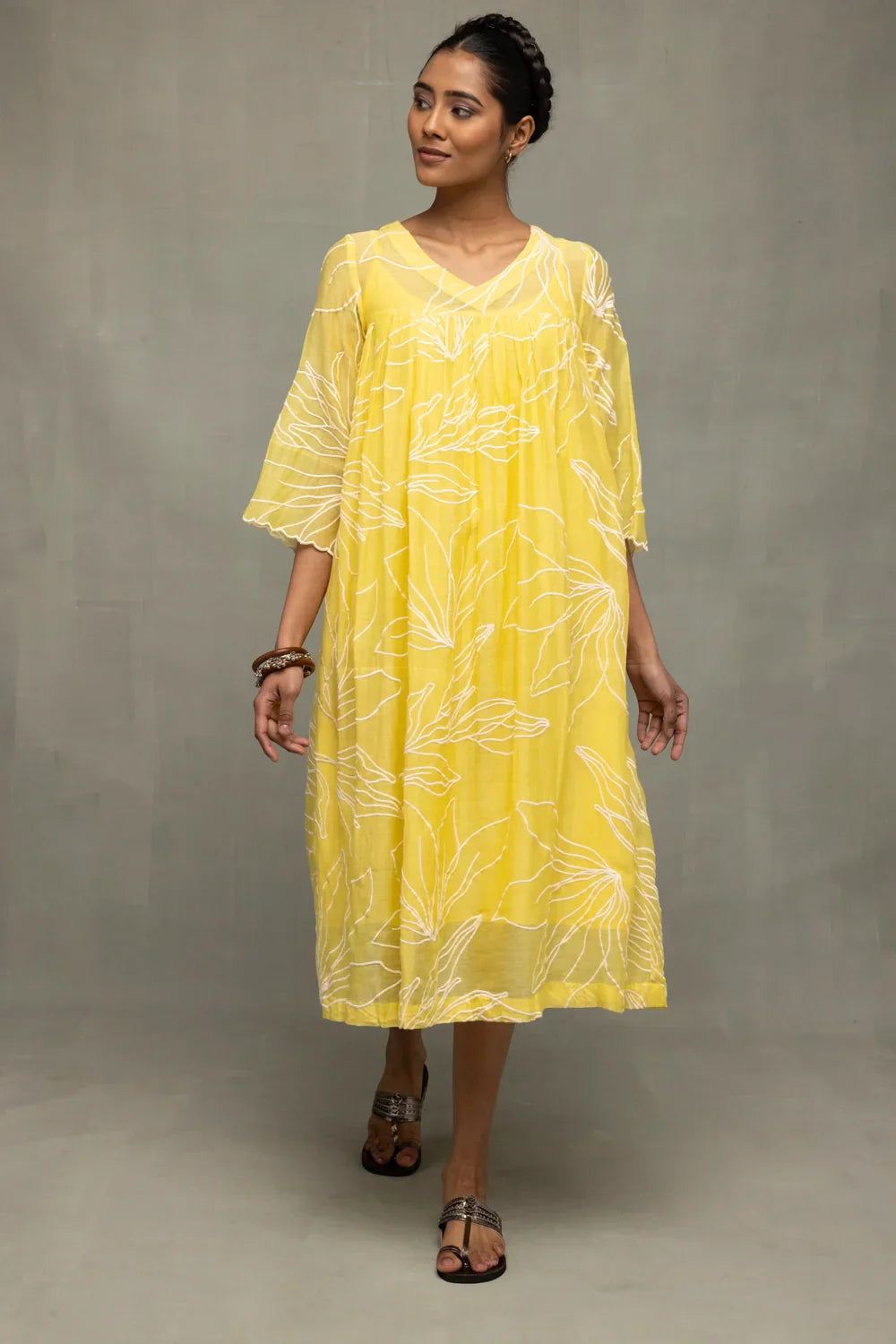 Lemon Light Mul Chanderi Embriodered Dress | SHOBITAM