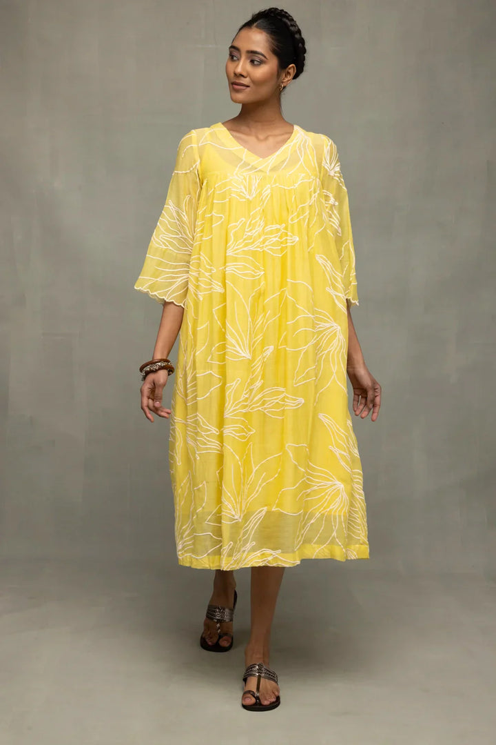 Lemon Light Mul Chanderi Embriodered Dress | SHOBITAM