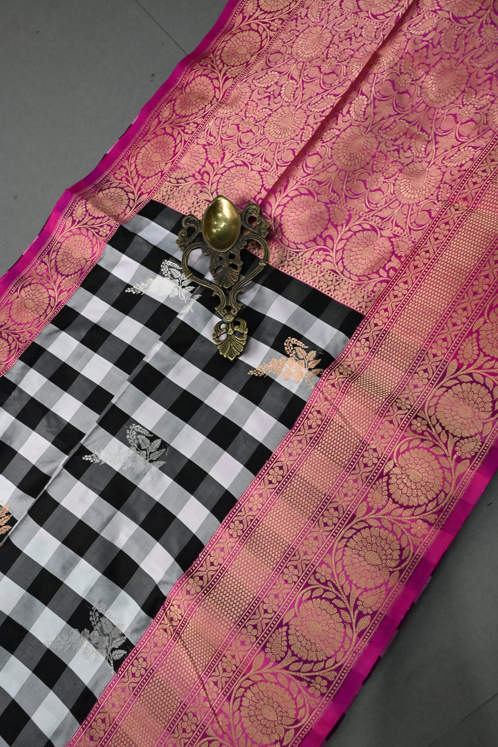 Balck-White Checks Pattern on Pure Katan Silk Banarasi Saree with Sona Rupa Zari Buttas and Contrast Zari Border  | SILK MARK CERTIFIED | SHOBITAM