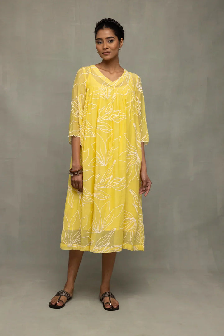 Lemon Light Mul Chanderi Embriodered Dress | SHOBITAM