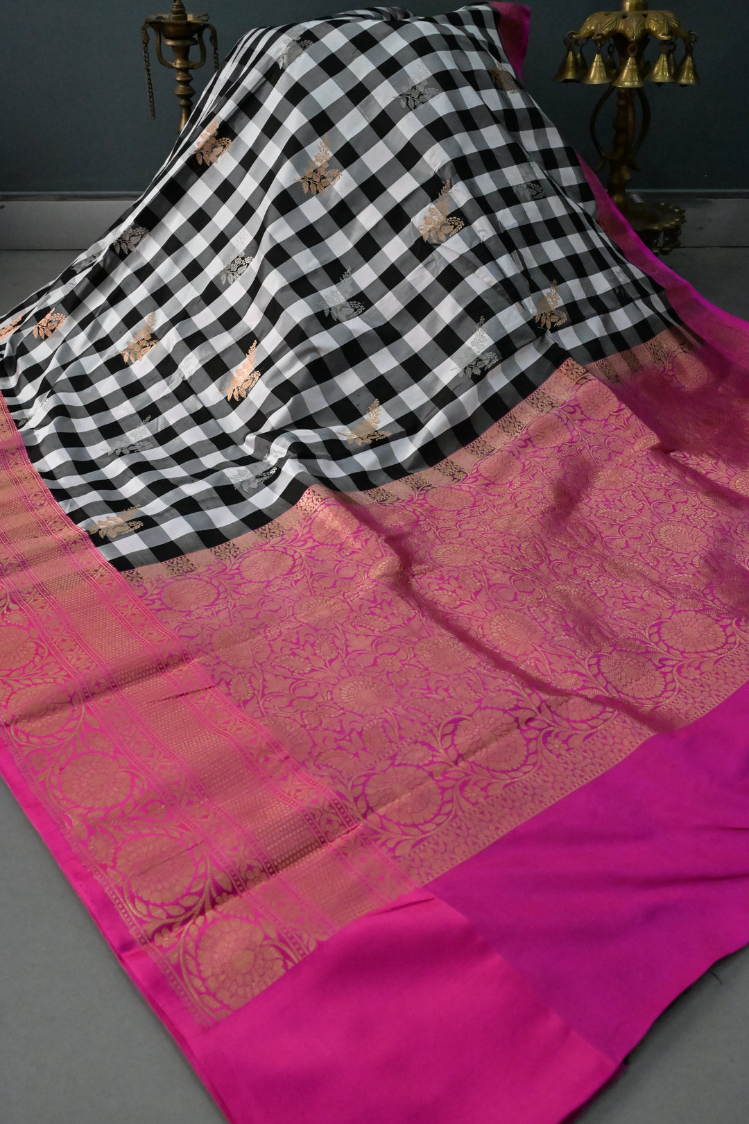 Balck-White Checks Pattern on Pure Katan Silk Banarasi Saree with Sona Rupa Zari Buttas and Contrast Zari Border  | SILK MARK CERTIFIED | SHOBITAM