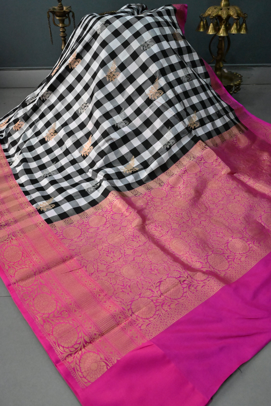 Balck-White Checks Pattern on Pure Katan Silk Banarasi Saree with Sona Rupa Zari Buttas and Contrast Zari Border  | SILK MARK CERTIFIED | SHOBITAM