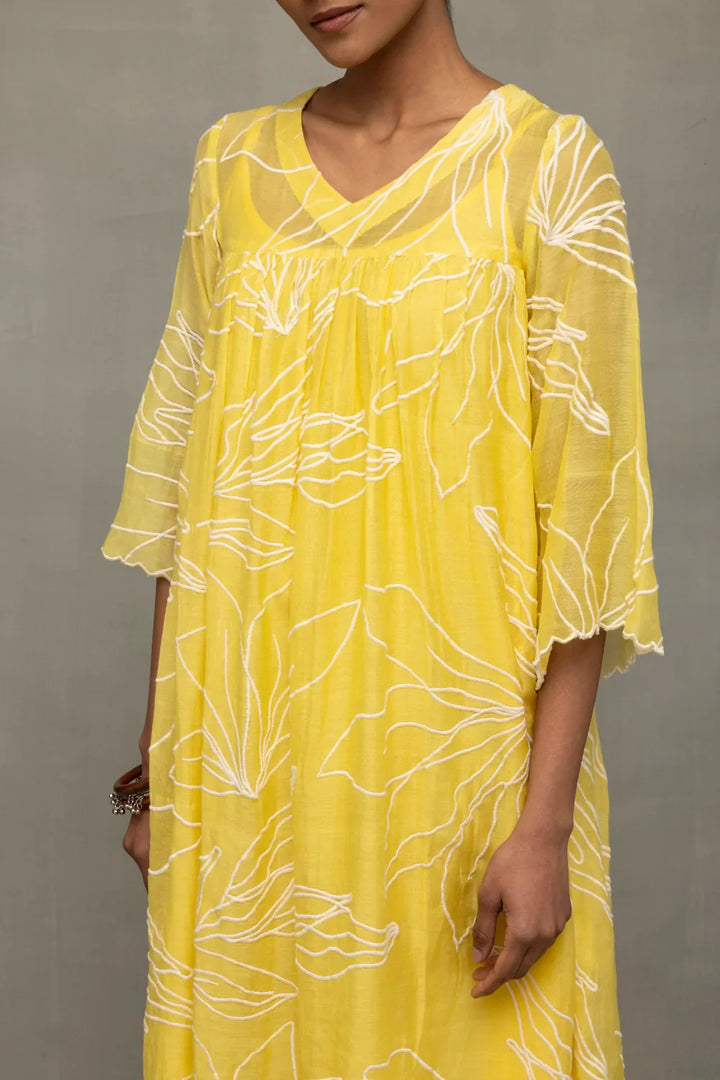 Lemon Light Mul Chanderi Embriodered Dress | SHOBITAM