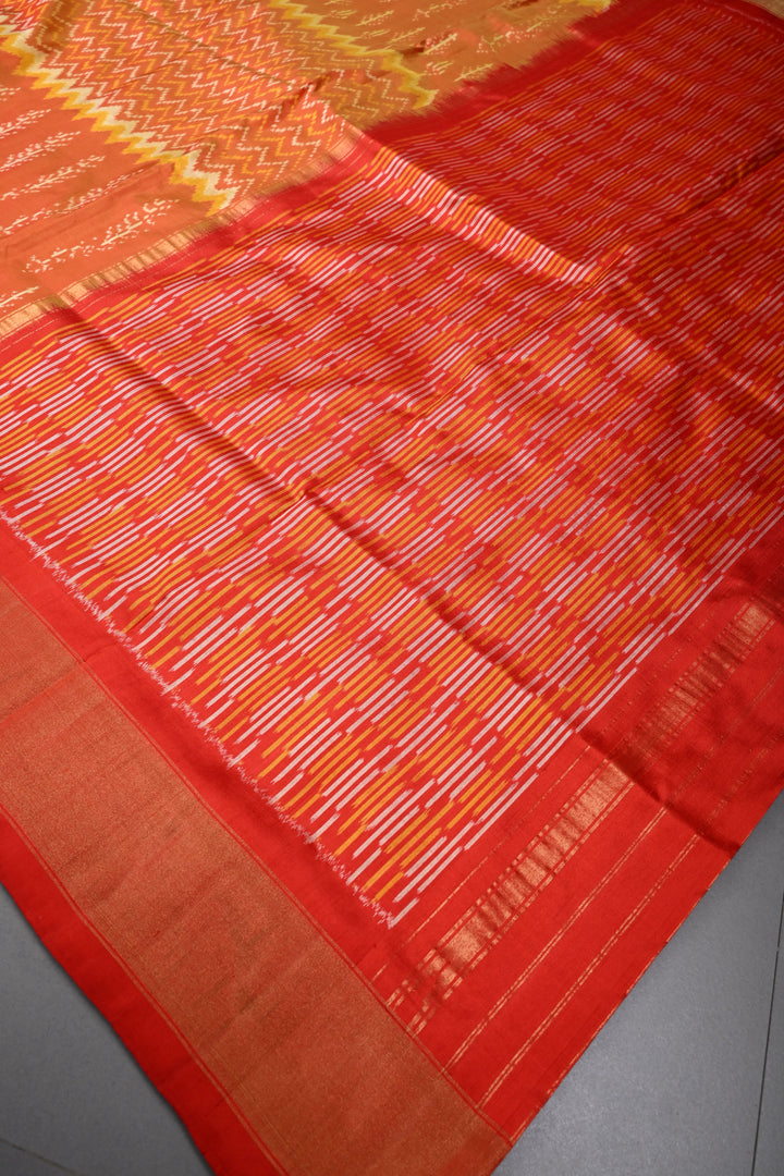 Orange Dual Tone Pochampally Ikkat Pure Silk Saree with Multiple Panel Design and Contrast Tissue Border | SILK MARK CERTIFIED | SHOBITAM