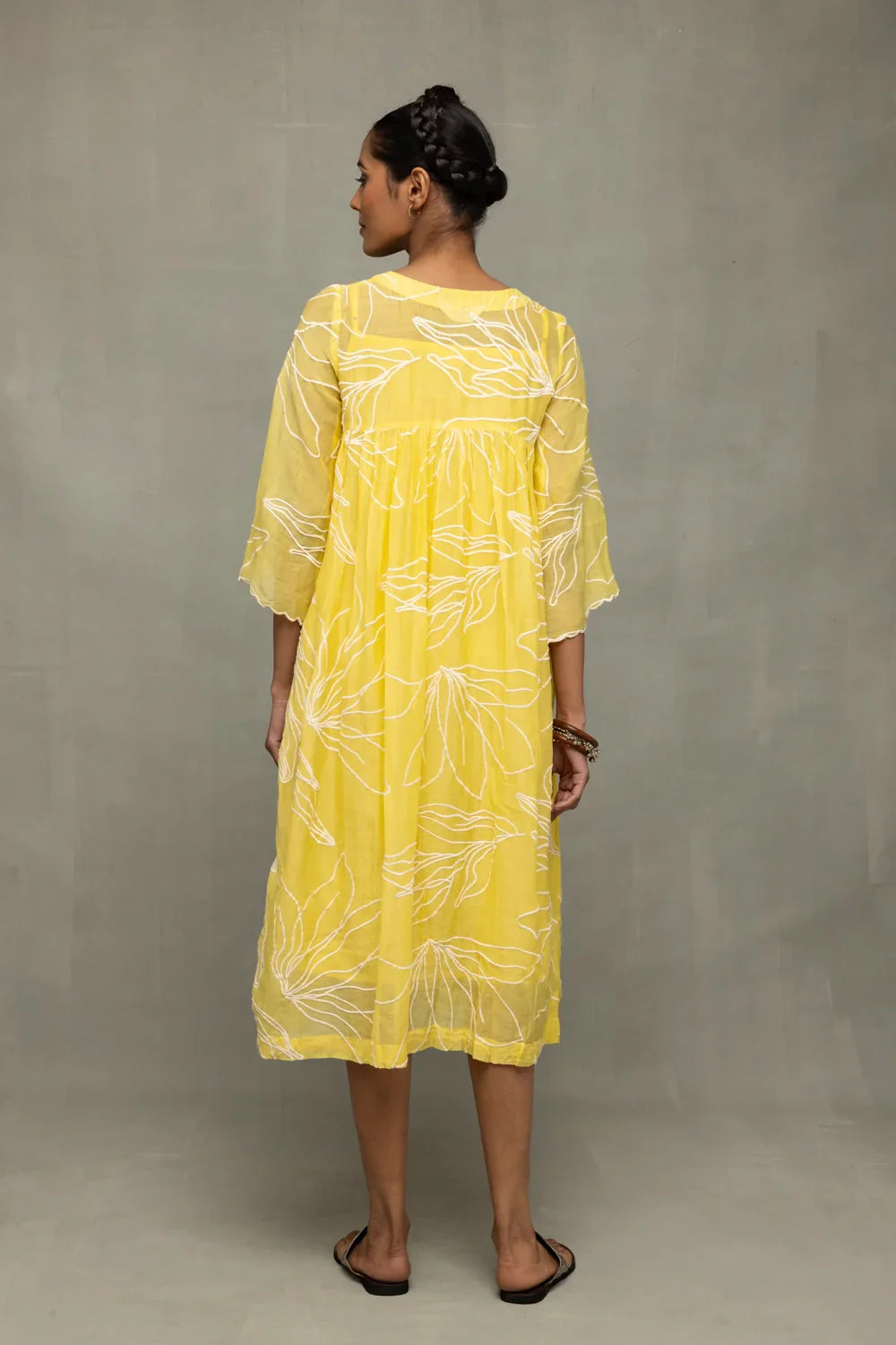 Lemon Light Mul Chanderi Embriodered Dress | SHOBITAM