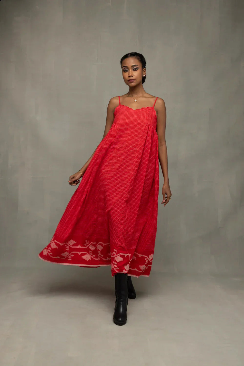 Scarlet Red Handwoven Pure Cotton Jamdani Dress | SHOBITAM