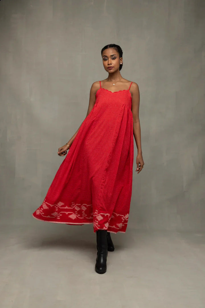 Scarlet Red Handwoven Pure Cotton Jamdani Dress | SHOBITAM