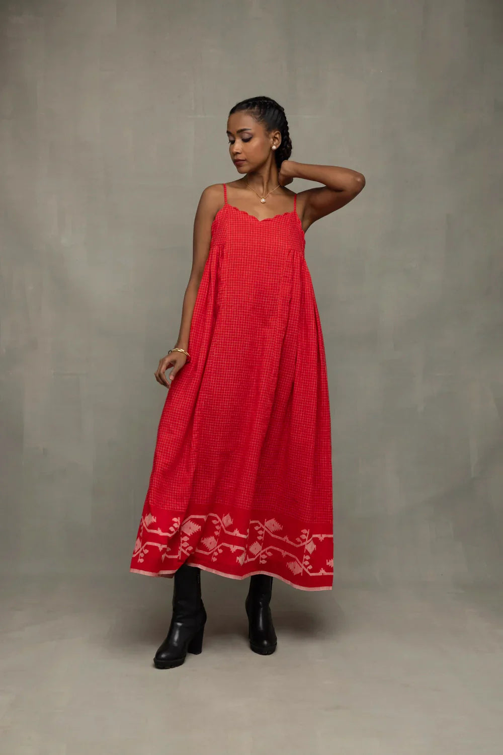 Scarlet Red Handwoven Pure Cotton Jamdani Dress | SHOBITAM