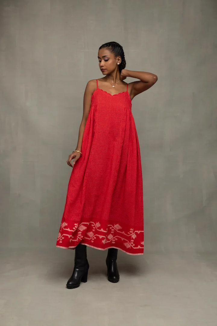 Scarlet Red Handwoven Pure Cotton Jamdani Dress | SHOBITAM