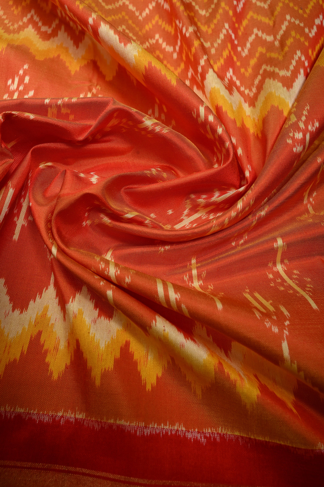 Orange Dual Tone Pochampally Ikkat Pure Silk Saree with Multiple Panel Design and Contrast Tissue Border | SILK MARK CERTIFIED | SHOBITAM