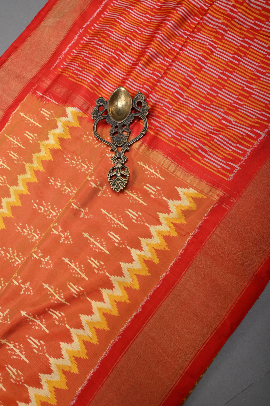 Orange Dual Tone Pochampally Ikkat Pure Silk Saree with Multiple Panel Design and Contrast Tissue Border | SILK MARK CERTIFIED | SHOBITAM