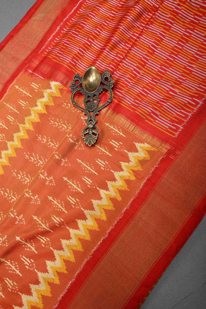 Orange Dual Tone Pochampally Ikkat Pure Silk Saree with Multiple Panel Design and Contrast Tissue Border | SILK MARK CERTIFIED | SHOBITAM
