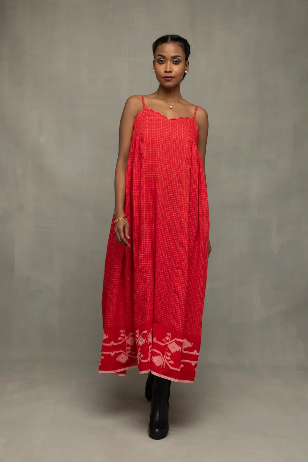 Scarlet Red Handwoven Pure Cotton Jamdani Dress | SHOBITAM