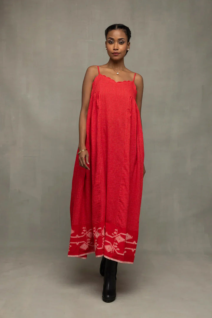 Scarlet Red Handwoven Pure Cotton Jamdani Dress | SHOBITAM