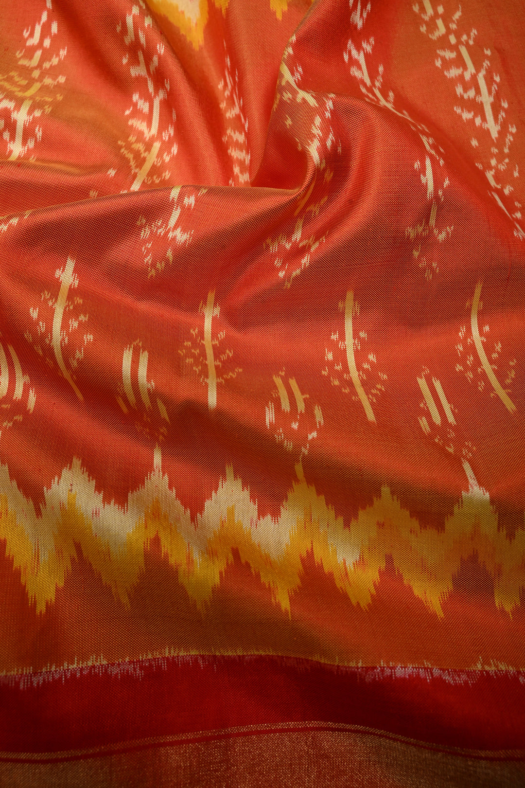 Orange Dual Tone Pochampally Ikkat Pure Silk Saree with Multiple Panel Design and Contrast Tissue Border | SILK MARK CERTIFIED | SHOBITAM