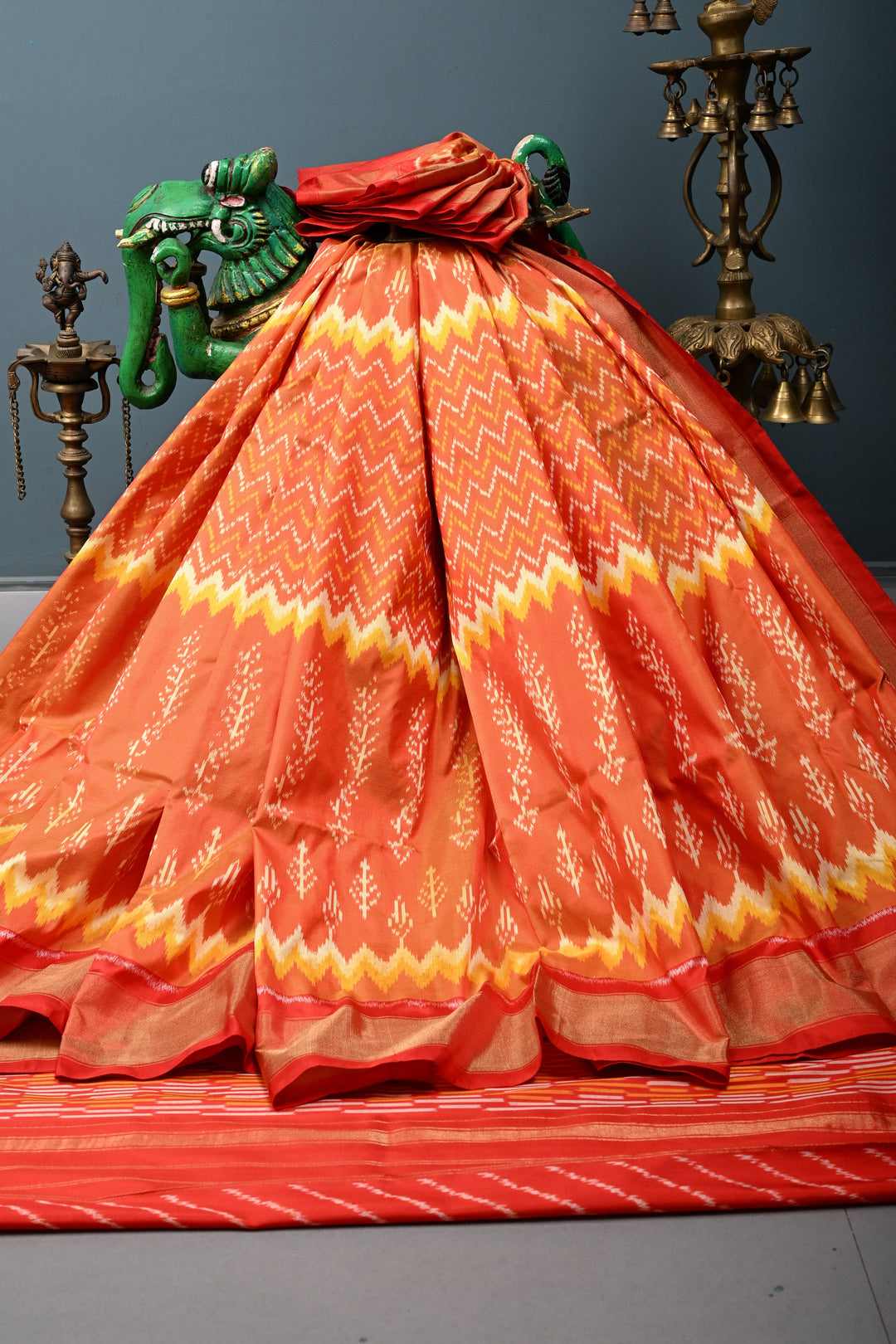 Orange Dual Tone Pochampally Ikkat Pure Silk Saree with Multiple Panel Design and Contrast Tissue Border | SILK MARK CERTIFIED | SHOBITAM
