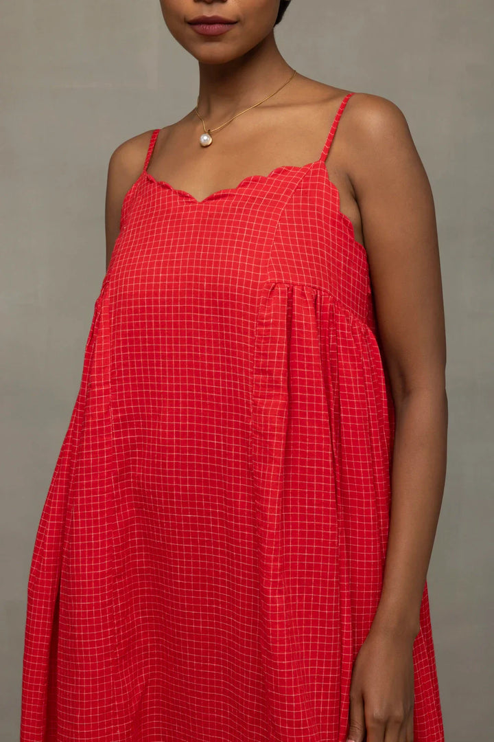 Scarlet Red Handwoven Pure Cotton Jamdani Dress | SHOBITAM