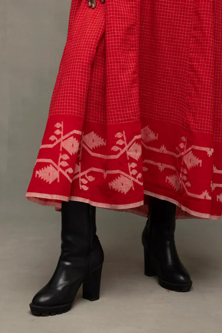 Scarlet Red Handwoven Pure Cotton Jamdani Dress | SHOBITAM