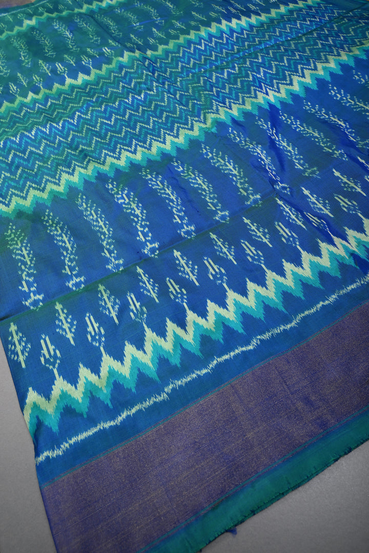 Peacock Blue Dual Tone  Pochampally Ikkat Pure Silk Saree with Multiple Design and Tissue Border | SILK MARK CERTIFIED | SHOBITAM