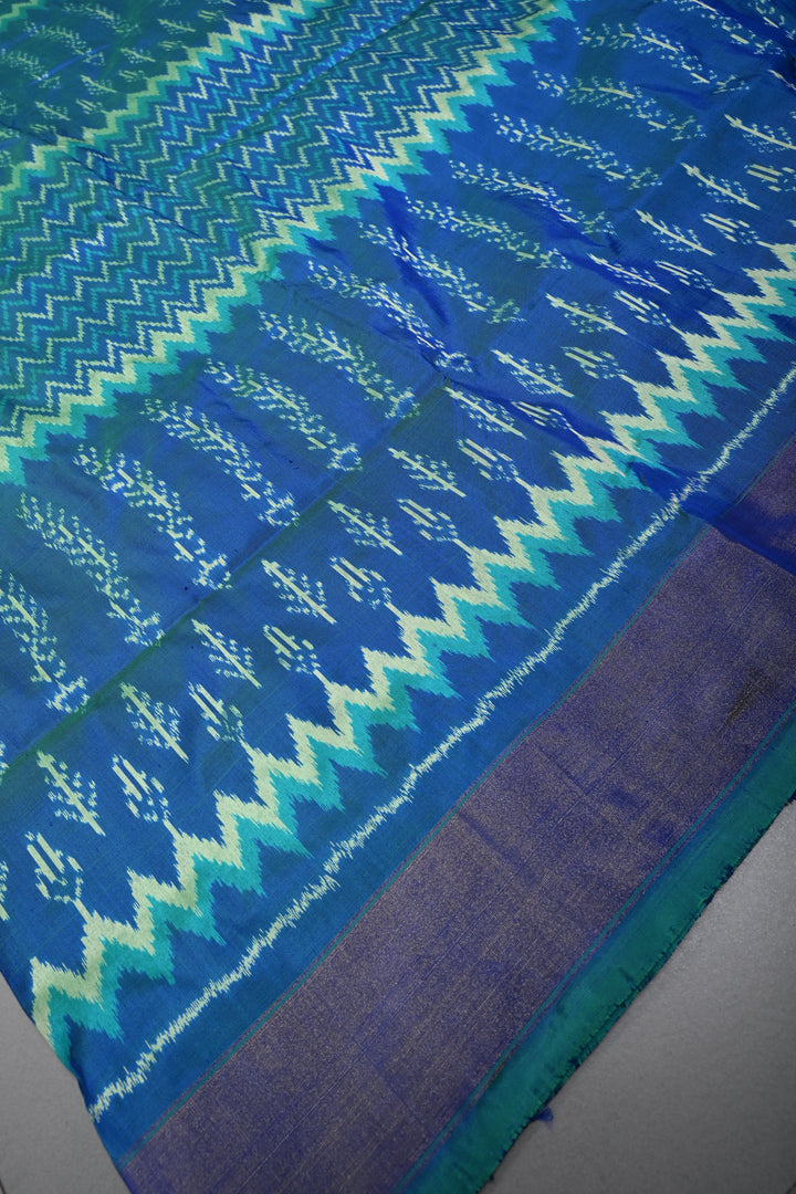 Peacock Blue Dual Tone  Pochampally Ikkat Pure Silk Saree with Multiple Design and Tissue Border | SILK MARK CERTIFIED | SHOBITAM
