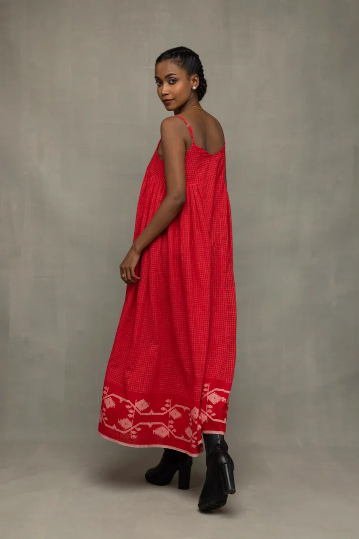 Scarlet Red Handwoven Pure Cotton Jamdani Dress | SHOBITAM