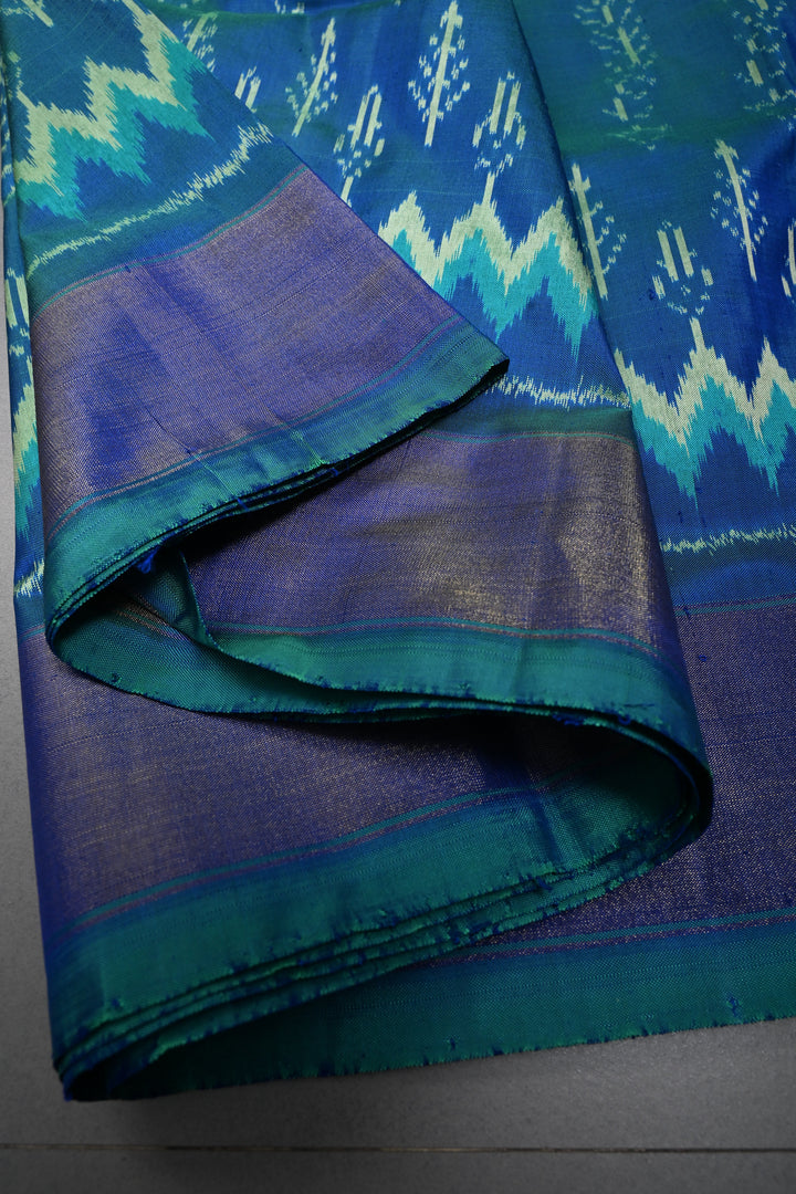 Peacock Blue Dual Tone  Pochampally Ikkat Pure Silk Saree with Multiple Design and Tissue Border | SILK MARK CERTIFIED | SHOBITAM