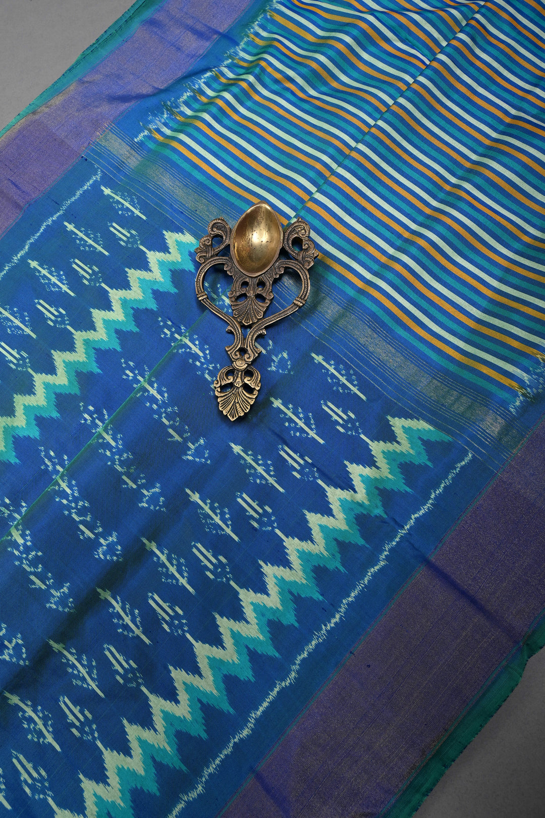 Peacock Blue Dual Tone  Pochampally Ikkat Pure Silk Saree with Multiple Design and Tissue Border | SILK MARK CERTIFIED | SHOBITAM