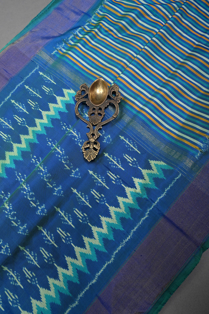 Peacock Blue Dual Tone  Pochampally Ikkat Pure Silk Saree with Multiple Design and Tissue Border | SILK MARK CERTIFIED | SHOBITAM