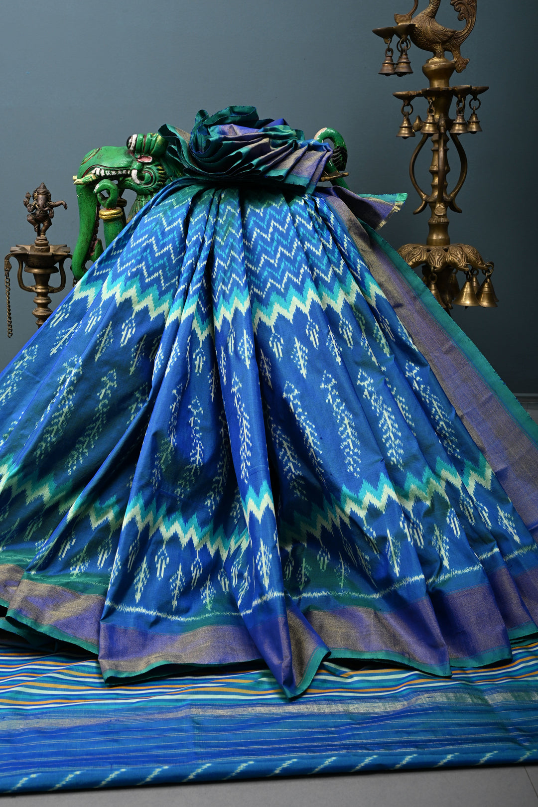Peacock Blue Dual Tone  Pochampally Ikkat Pure Silk Saree with Multiple Design and Tissue Border | SILK MARK CERTIFIED | SHOBITAM